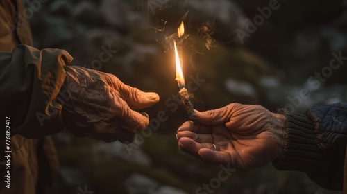 The weathered hands of an elder leader passing a torch to a younger person, symbolizing the transfer of knowledge photo