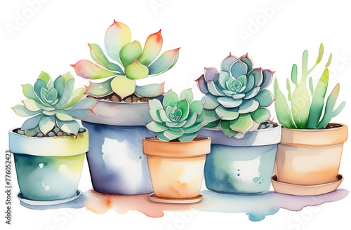 Beautiful colourful succulent plants in pots  set  watercolour painting on white background  flower postcard