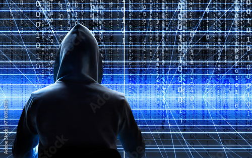 man with hood and binary digits background