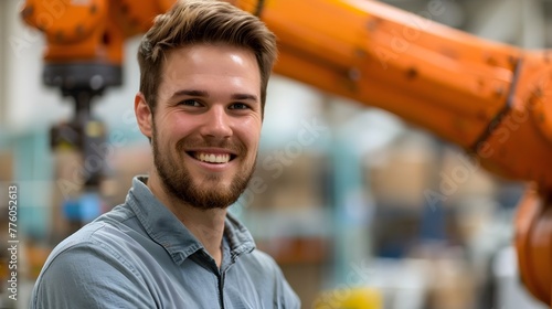 Smiling Industrial Worker Posing with Robot Arm in Manufacturing Environment