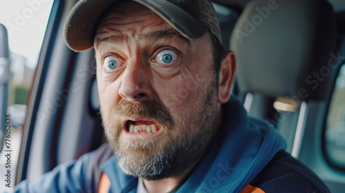 A man in a blue shirt is driving a truck and has his eyes wide open