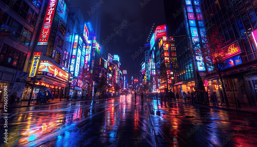 Experience vibrant neon-lit streets in downtown Japan at night