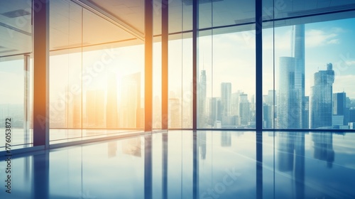 Abstract office windows background in business center with defocused glass office building 