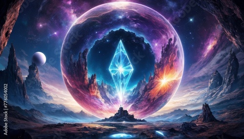 A mesmerizing digital artwork showcasing a meditating figure before an immense  glowing crystal  encapsulated within a surreal  cosmic landscape.