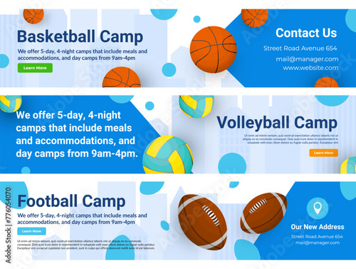 Sport volleyball basketball football camps landing page design template set vector illustration