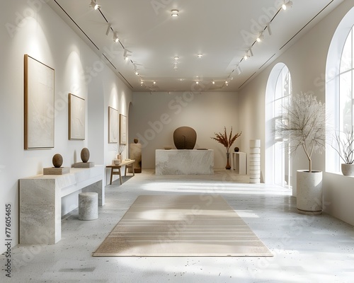 Sophisticated Gallery Showcase of Minimalist Sculptures and Decorative Pieces in a Tranquil White Walled Space with Dramatic Lighting