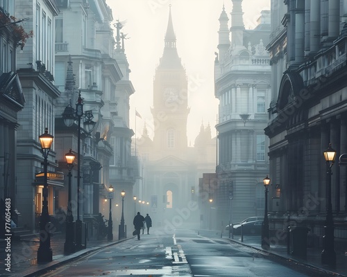 Foggy Historic British City Street with Classic Architecture and Moody Atmosphere