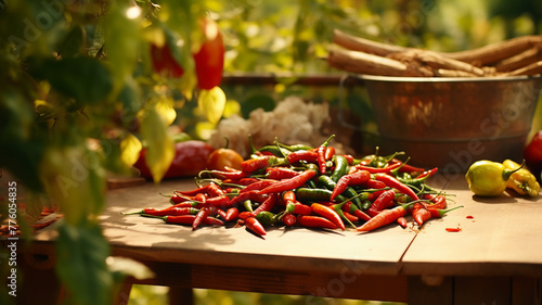 A vibrant assortment of red and green chillies spills across a rustic wooden table, set against a backdrop of lush garden foliage, embodying the spice of harvest season.