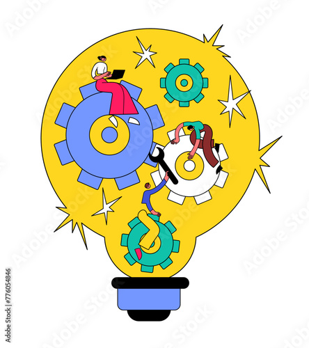 People work to realize an idea, a light bulb, a gear mechanism