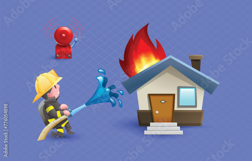 Firefighter concept 3d isometric vector illustration. Firefighters are extinguishing the fire