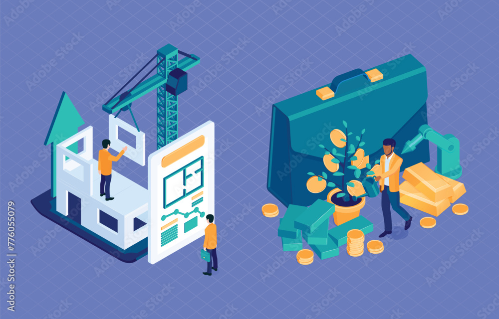 Business Investment isometric vector illustration. Investment analysis concept banner with characters.