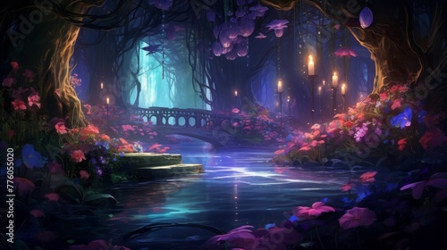 An enchanting scene with glowing petals and flowing leaves © JH45
