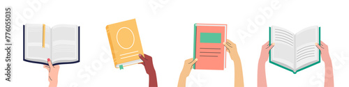 Human hands holding closed book . Fascinating book.  Education, reading and study. Notebook, diary. Library, bookstore vector illustration.