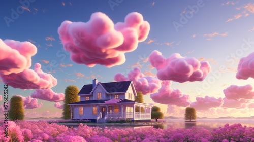 House under a sunset sky with fluffy pink cumulus clouds