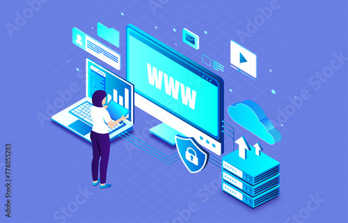 Online database isometric vector illustration. Cloud computing archives technology 3d isometric vector element