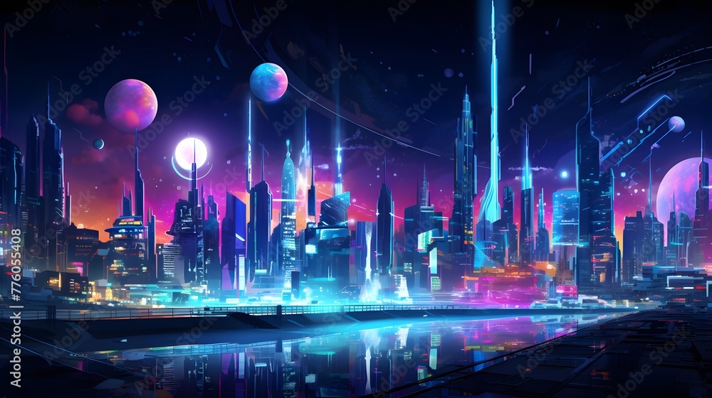 Night city panorama with neon lights. Futuristic cityscape.