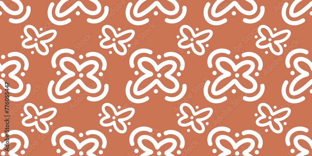 Simple geometrical white seamless pattern and colourful background print orange brown flowers dots pastel spiral ornament circles squares lines 