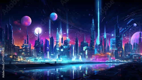 Night city panorama with neon lights. Futuristic cityscape.