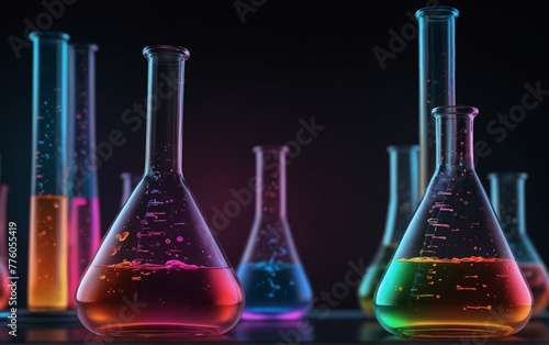 Laboratory abstract flask with neon-colorful liquid. Digital lab background. Science and chemistry concept. Test tubes or glass beakers on a technology-dark background. Vector 3D, Very realistic, 8k q