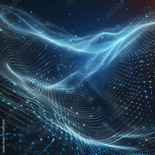 Wave of dots and weave lines. Abstract blue background for design on the topic of cyberspace, big data, metaverse, network security, data transfer on dark blue abstract cyberspace background, energy