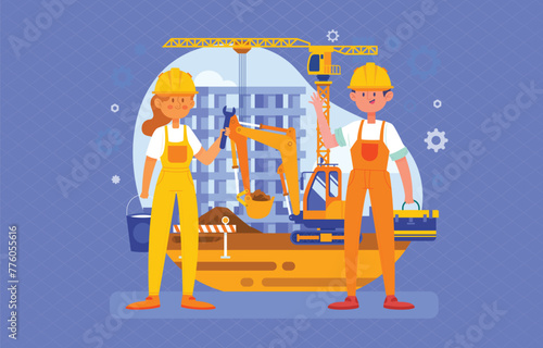 Worker Contruction isometric vector illustration. Man and woman builder 3d isometric icon