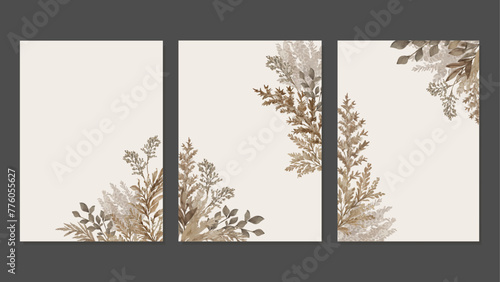 3 Covers With Hand Painted Watercolor Leaves, Dry Grass, Pampas Grass. Vector Templates