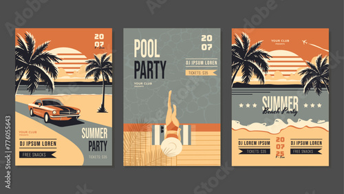 Summer Posters for Beach Parties and Poolside in Retro Style. Flat design. Travel, Vacation Concept. Vector