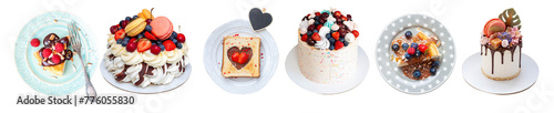 Set of isolated homemade desserts and cakes with fresh fruit berries. Toast, pavlova, slice of cheesecake and cakes. PNG, copy space