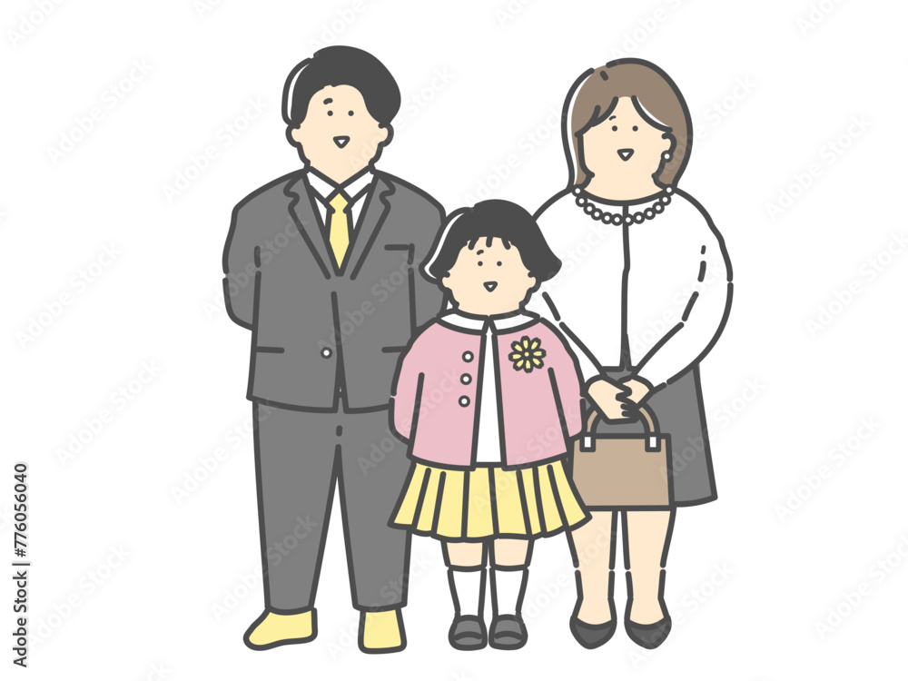 フォーマルな服装の若い夫婦と子供の家族イラスト（入園式　卒園式　入学式　卒業式）