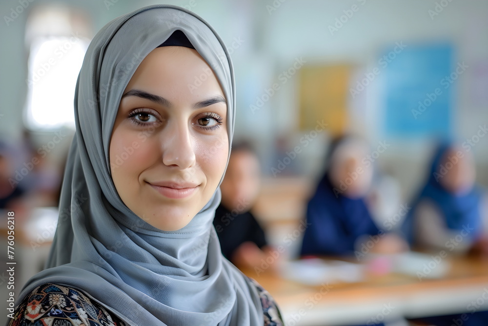 Portrait of a young arabian teacher woman standing in a classroom at school Portrait of a young arabian teacher woman standing in a classroom at school