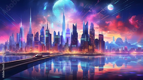 Futuristic city panorama with illuminated skyscrapers at night