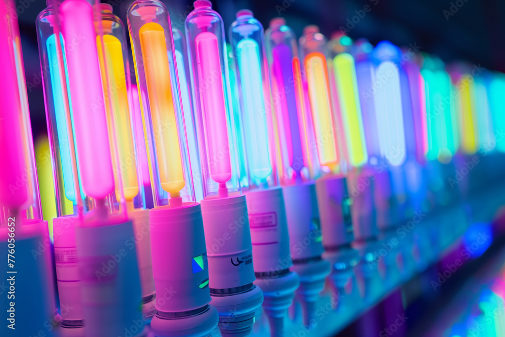A long exposure shot of a lineup of neon lights emitting a bright and colorful spectrum on a dark background A long exposure shot of a lineup of neon lights emitting a bright and colorful spectrum on a dark background