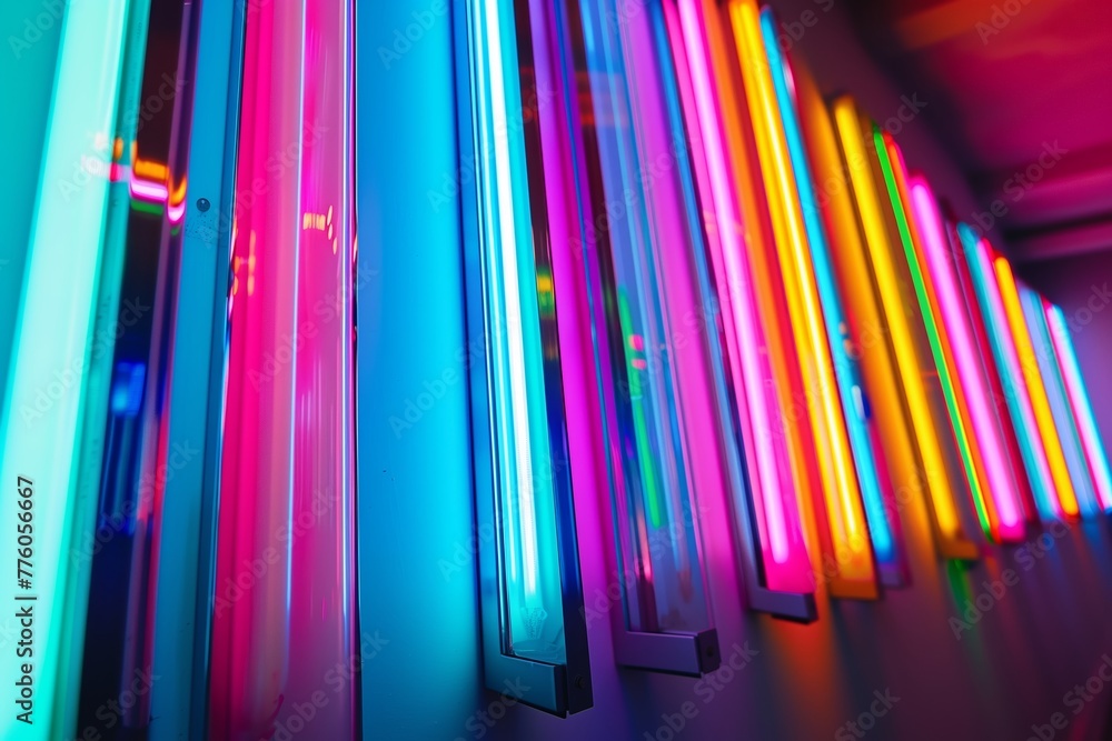 Long exposure shot capturing dynamic colorful neon lights in a row Long exposure shot capturing dynamic colorful neon lights in a row