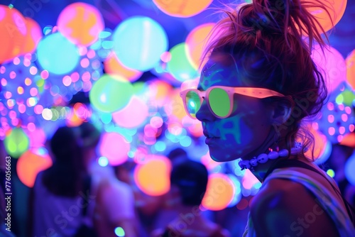 A woman with obscured face stands amidst a bokeh effect of multicolored lights