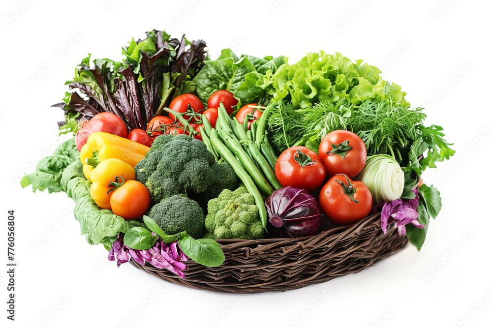 Assorted organic vegetables and fruits in wicker basket isolated on white background. Assorted organic vegetables and fruits in wicker basket isolated on white background.