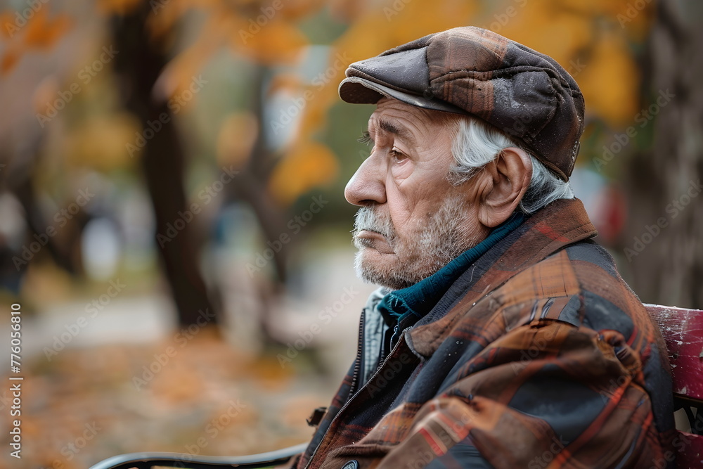 portrait of sad old man sitting on a bench in a park