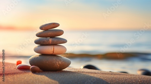 Bathed in sunlight, a stable stack of stones rests on the tranquil beach.