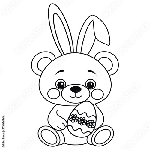 Easter bear with egg. Animal Teddy kawaii character. Line drawing, coloring book. Kids collection. Vector illustration