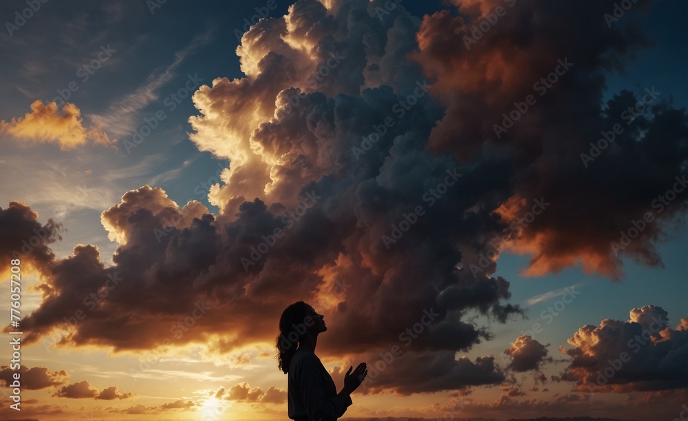 Silhouette of a woman praying against sky with colorful clouds. Worship., very realistic, 8k quality, hyper realistic, ultra realism Silhouette of a woman praying against sky with colorful clouds. Worship., very realistic, 8k quality, hyper realistic, ultra realism