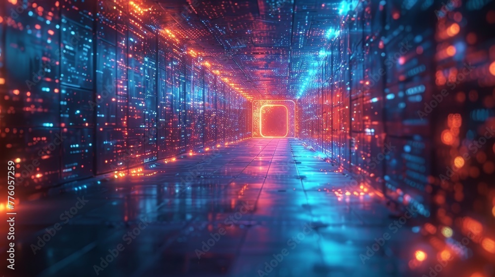 Stunning door in virtual space. Virtual data center is a portal into virtual world. Fantasy cyber door in artificial universes. Gate in artifical digital worlds.