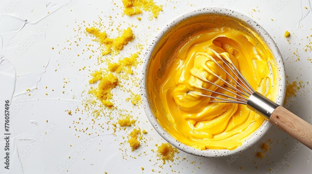 Whisk lifting smooth lemon curd in a speckled bowl with zest on white background Whisk lifting smooth lemon curd in a speckled bowl with zest on white background