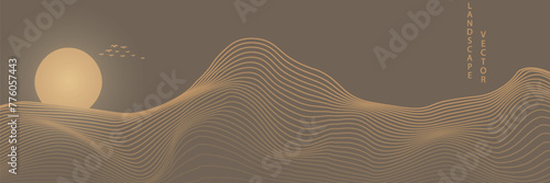 Vector abstract art landscape mountain with birds and sunrise sunset by golden line art texture isolated on dark grey black background. Minimal luxury style for wallpaper, wall art decoration.