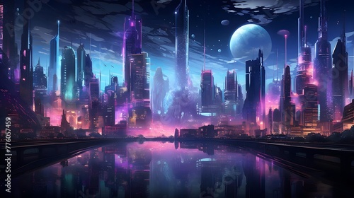 Futuristic city at night. Panoramic view of the city from the river.