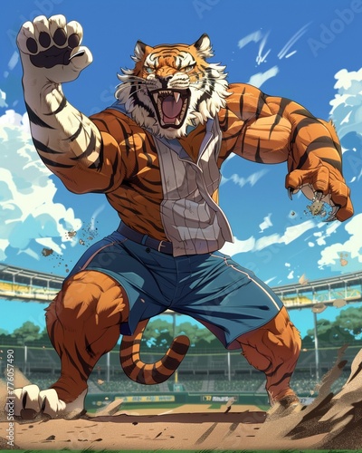 Pitcher tiger character, cartoonish, actionpacked pose, fierce and strong on a professional mound , featuring hyper-detailed