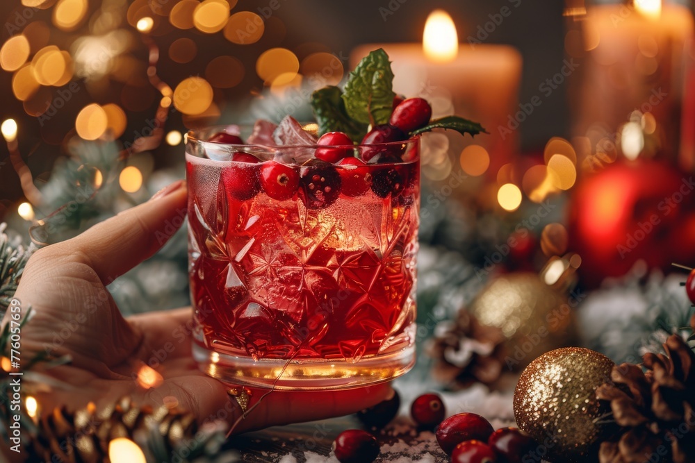 A hand holding a crystal glass filled with a sparkling cranberry cocktail, adorned with fresh berries and mint, evoking a warm, festive spirit amidst holiday decor. A hand holding a crystal glass filled with a sparkling cranberry cocktail, adorned with fresh berries and mint, evoking a warm, festive spirit amidst holiday decor.