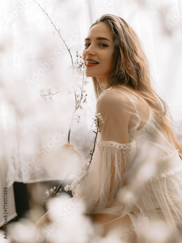Portrait of beautiful woman with natural flawless skin, wearing trendy vintage style pastel dress. Spring, summer fashion, beauty concept © artifirsov