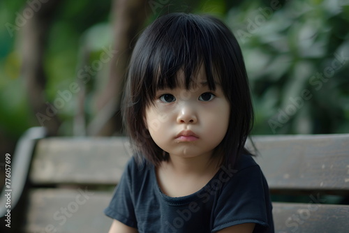 portrait of a sad child girl sitting on a bench in a park