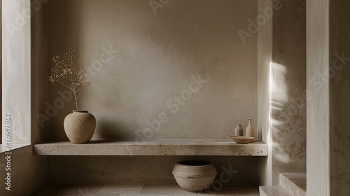 Warm neutral beige wabi sabi style interior mockup, Japanese minimalistic style, grungy wall	

