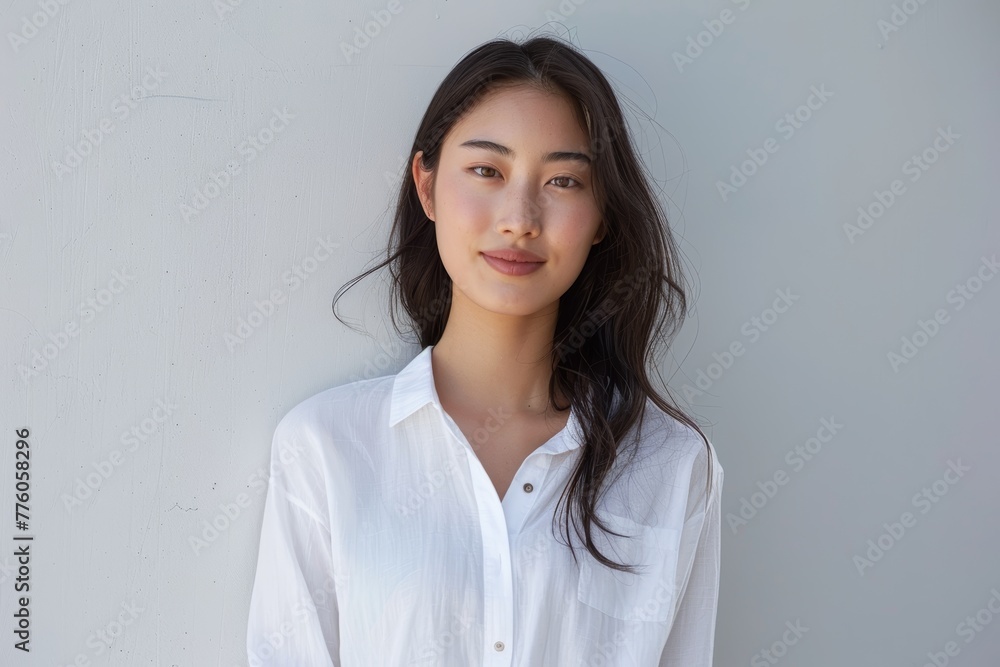 A young Asian woman stands confidently in crisp white attire, her gaze meeting the camera with assurance and poise. A young Asian woman stands confidently in crisp white attire, her gaze meeting the camera with assurance and poise.