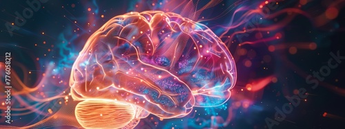 Abstract rendering of the human brain, illuminated by a vibrant array of light and textures.